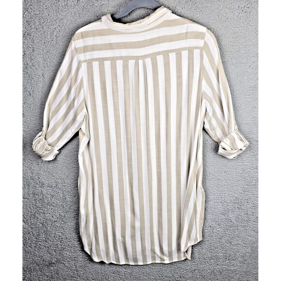 Sharagano Shirt Dress Womens 22W Taupe Ivory Button Up Pockets Stripes  Y2K - Picture 2 of 14